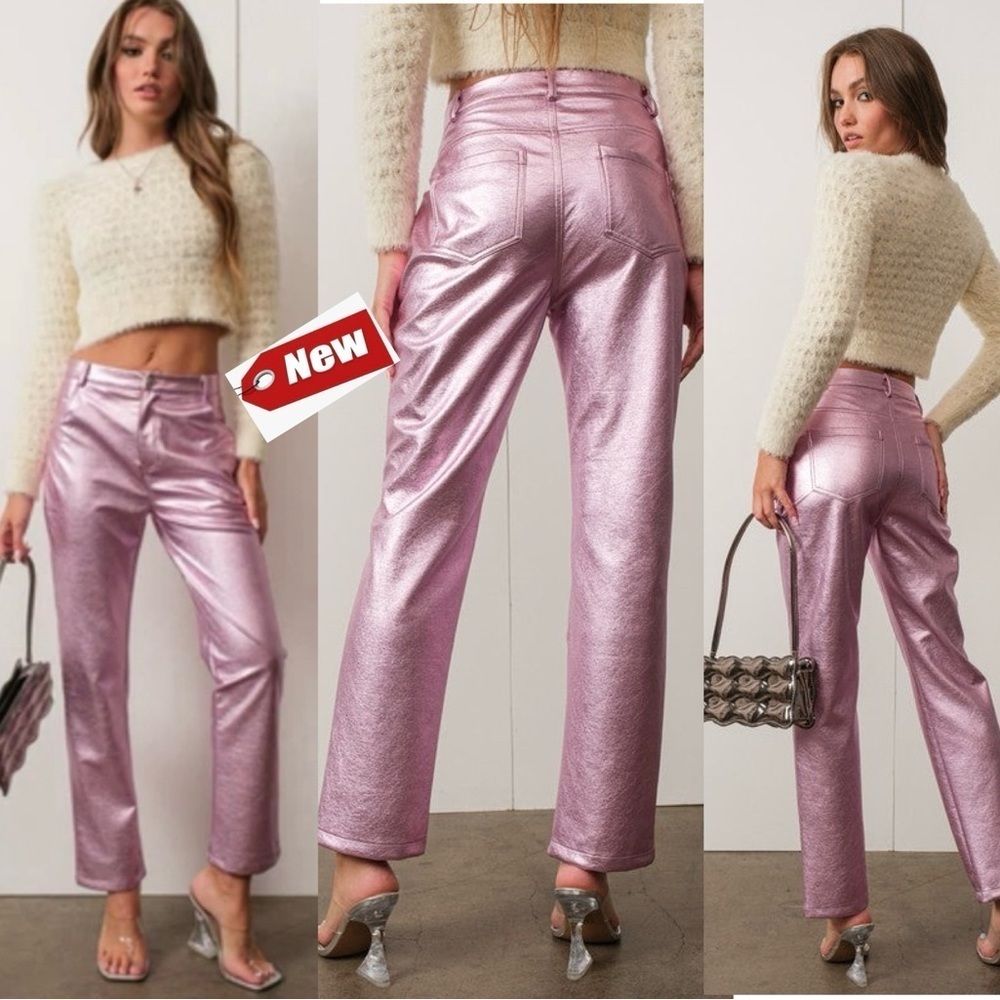 House of Harlow pink metallic liquid foil high waisted stretch pants Sz 6 NWT